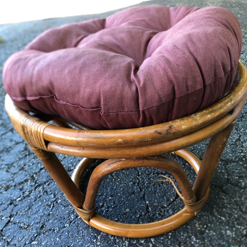 Vintage Rattan Bamboo Footstool with Cushion